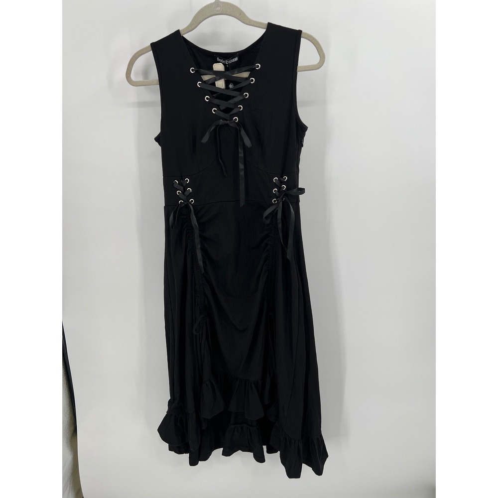 Scarlet Darkness Black Gothic Lace Up Ruffle Midi Dress Sleeveless S NWT
